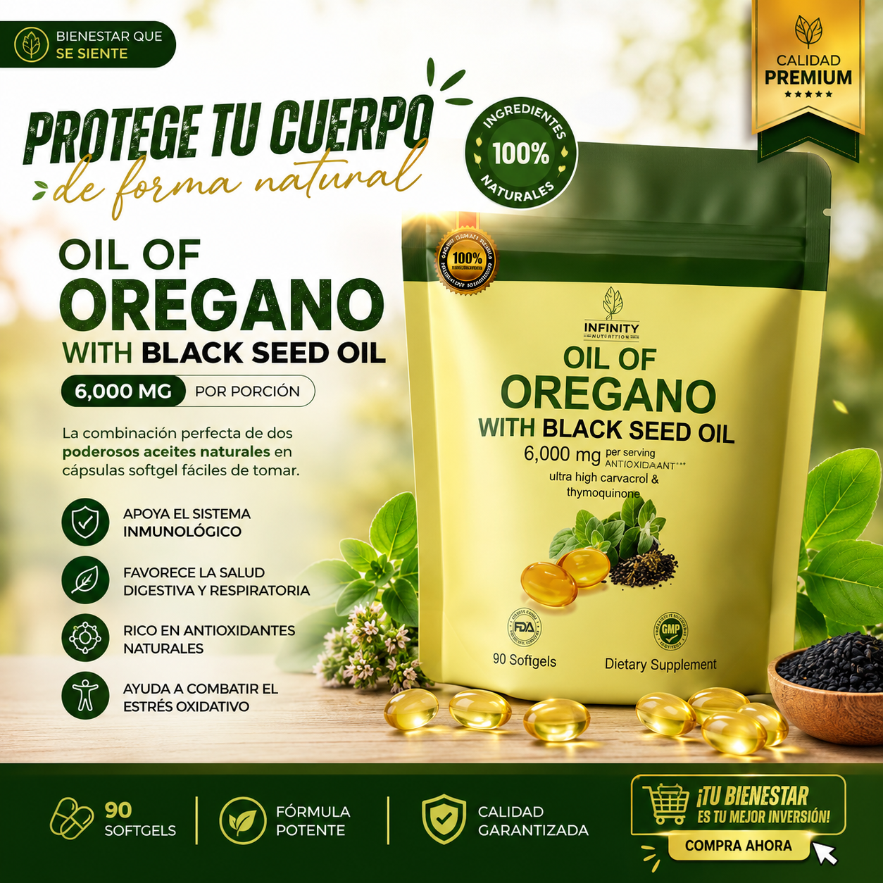 OREGANO OIL + BLACK SEED OIL 6000 MG (90 SOFGEL)