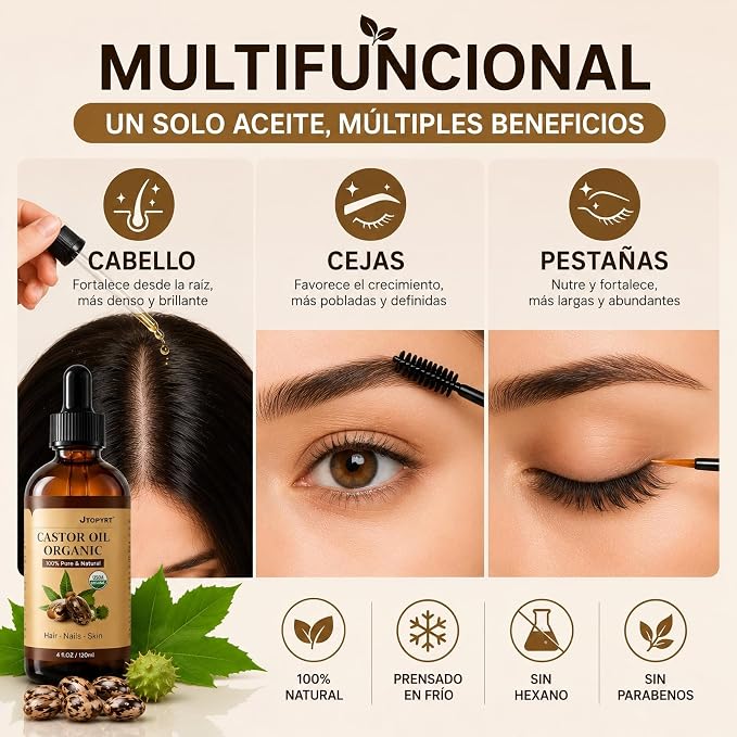 ACEITE DE CASTOR OIL ORGÁNICO PREMIUM – 100% PURO, PRENSADO EN FRÍO